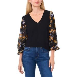 CeCe V Neck Mixed Media Blouse Black Floral Sheer 3/4 Sleeve Top L NWT